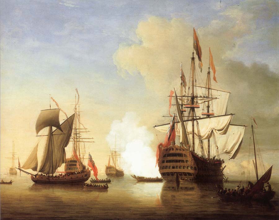 Stern view of the Royal William firing a salute